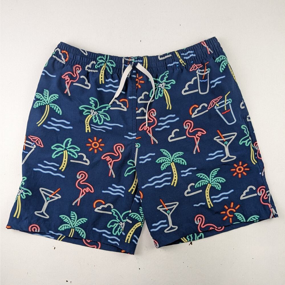 chubbies Navy Swim Trunks with Neon Palm & Flamingo Print